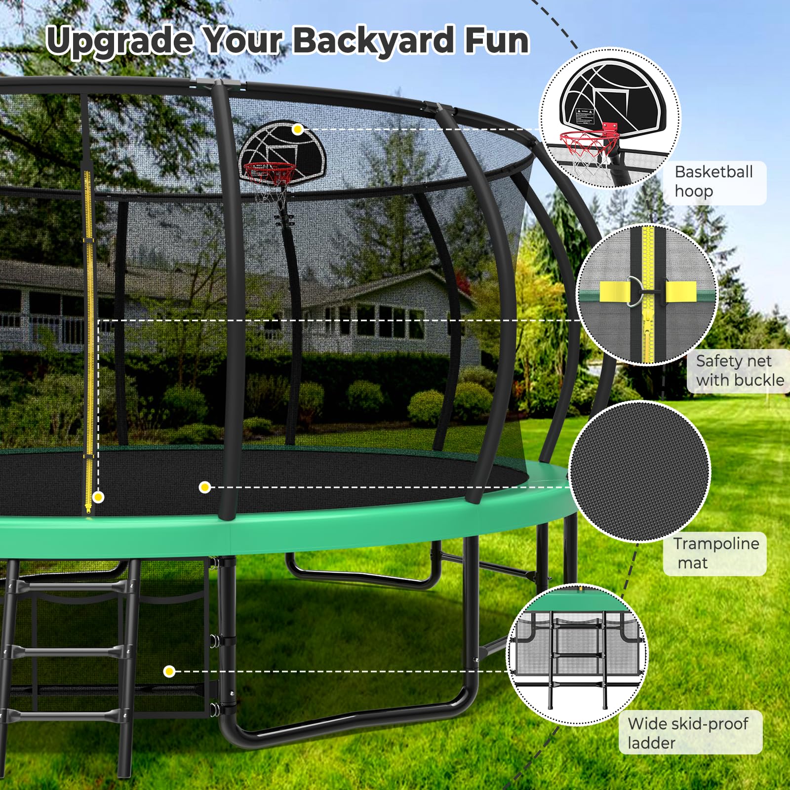 Lyromix 15FT Outdoor Trampolines for Kids and Adults, Pumpkin Trampolin with Curved Poles, Recreational Trampolin with Basketbal