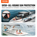 Vevor 4 Bow Bimini Top Boat Cover, Detachable Mesh Sidewalls, 600D Polyester Canopy With 1'' Aluminum Alloy Frame, Includes Stor