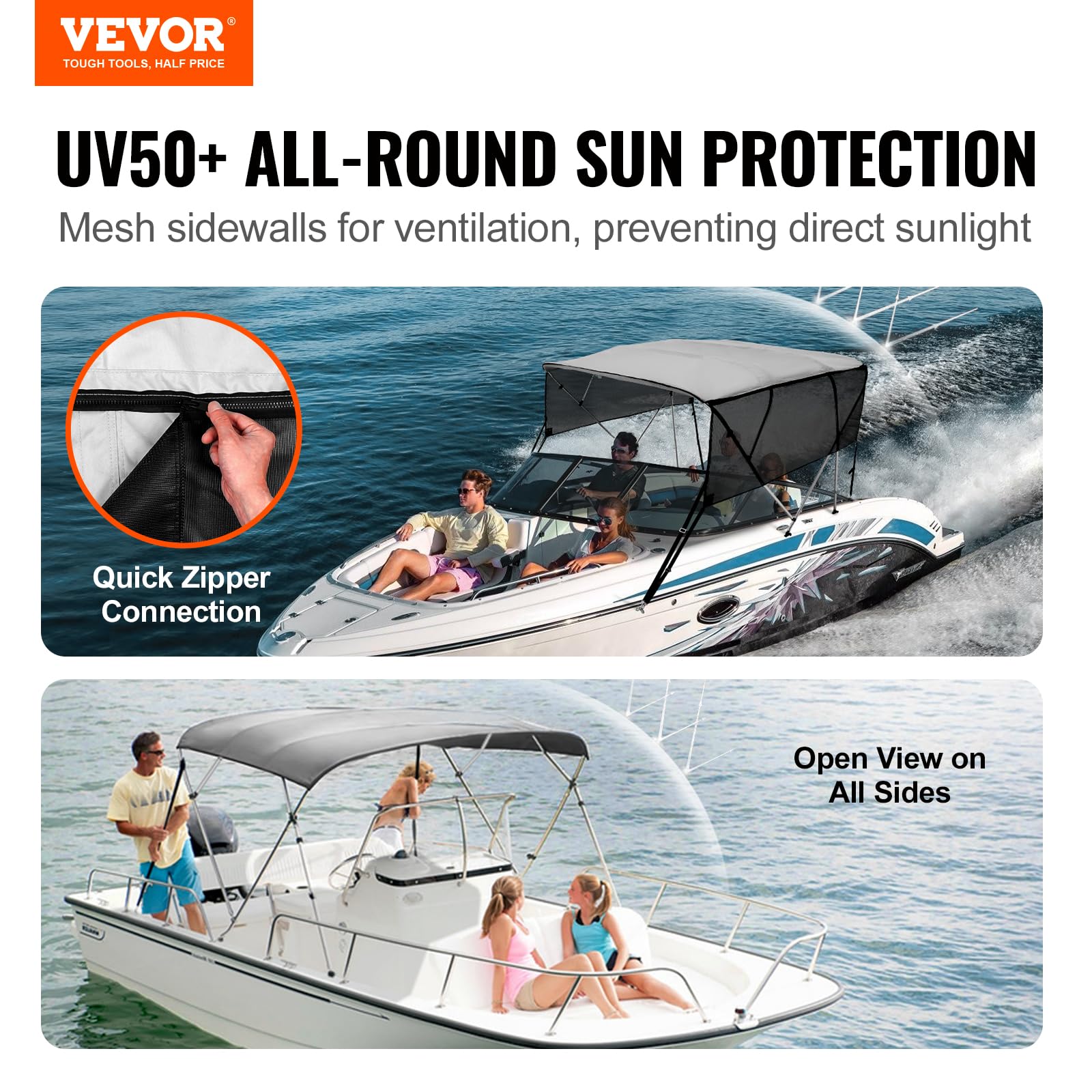 Vevor 4 Bow Bimini Top Boat Cover, Detachable Mesh Sidewalls, 600D Polyester Canopy With 1'' Aluminum Alloy Frame, Includes Stor