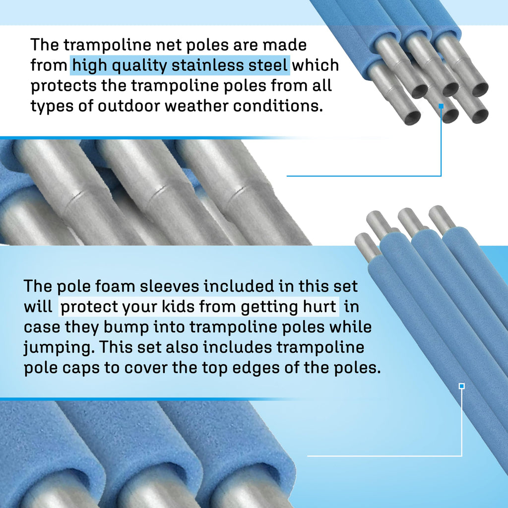 Upper Bounce Trampoline Safety Enclosure Set Including Trampoline Net, 8 Trampoline Poles (With 8 Pole Caps) Trampoline Pole Foa