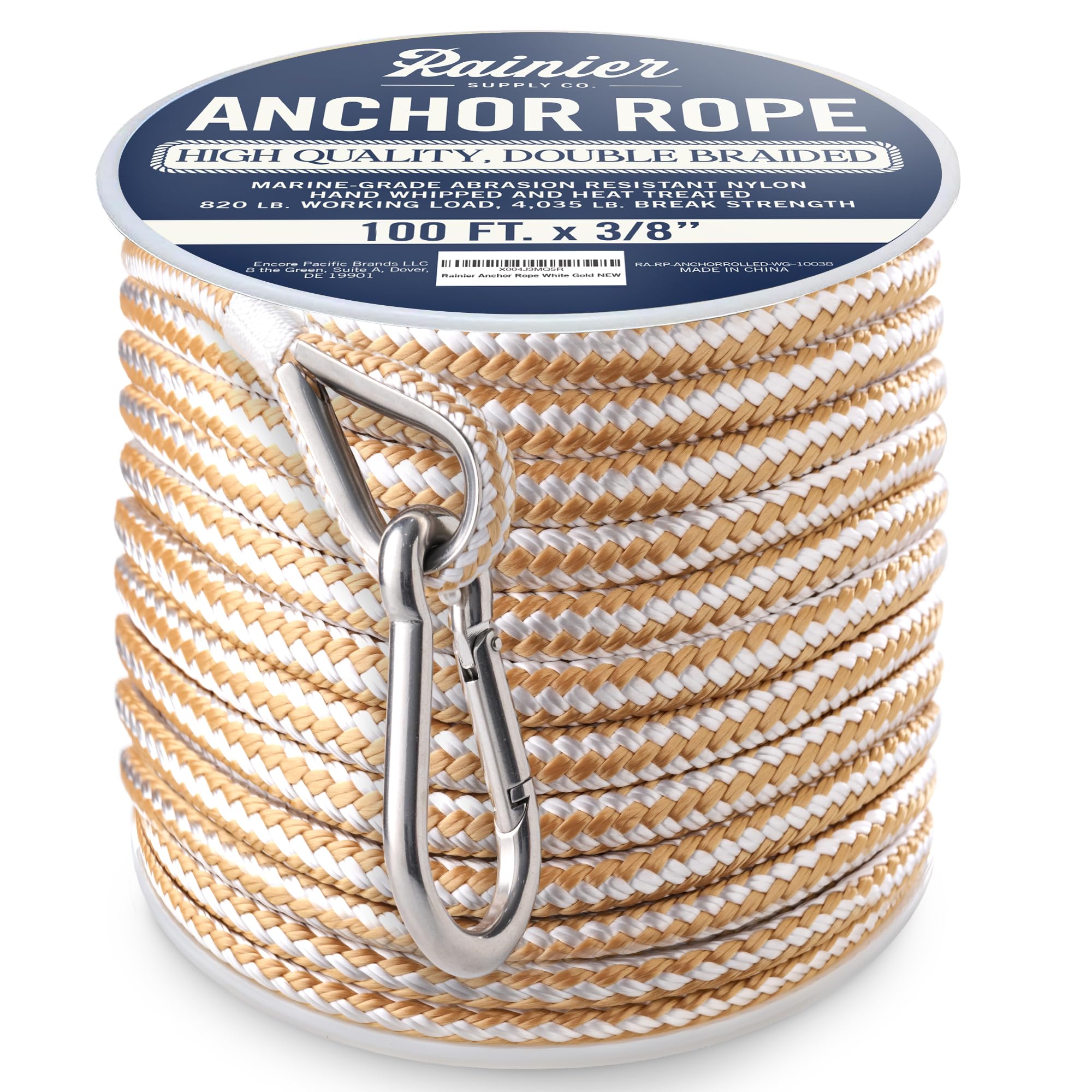 Rainiersupplyco Boat Anchor Rope - Double Braided Marine Rope Anchor Line - 100 Ft X 3/8 Inch Nylon Boating Line With 316 Stainl