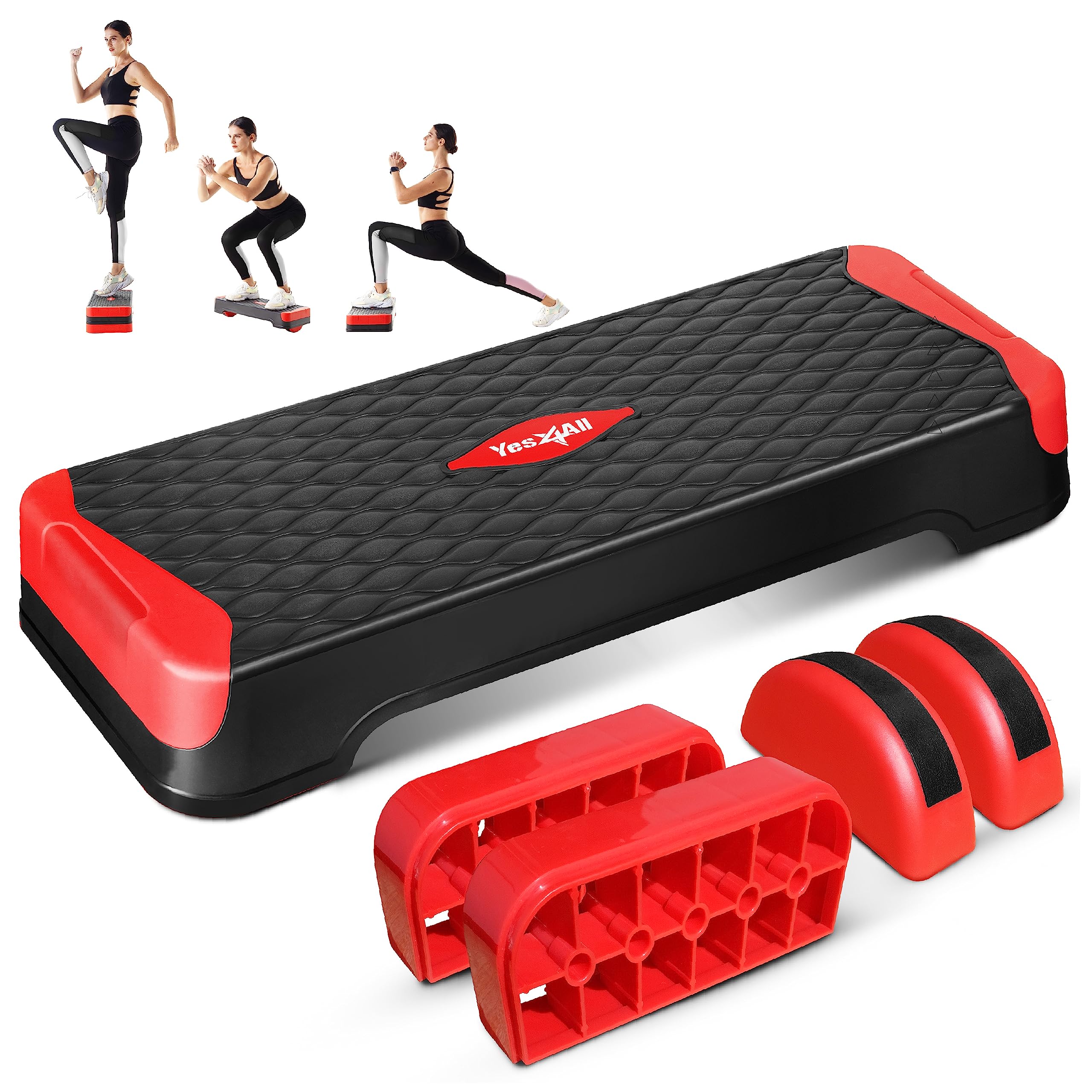 Yes4All 2-in-1 Adjustable Aerobic Stepper with Half Round Legs for Home Workout, Step Exercise & Balance Training - Red