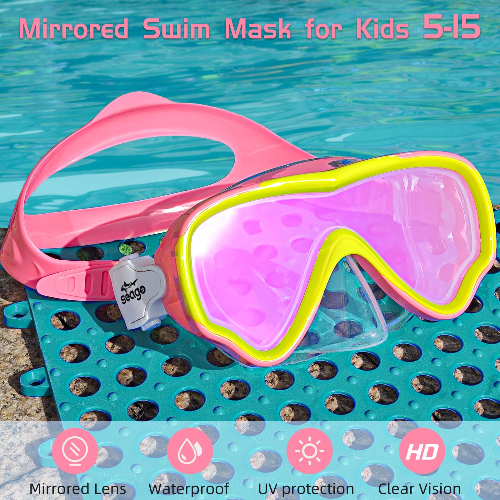 Seago Kids Swim Mask Swimming Goggles for Boys Girls Youth Toddlers 5-15, Anti-Fog No Leak 180 Clear Goggles Kids Pool Underwate