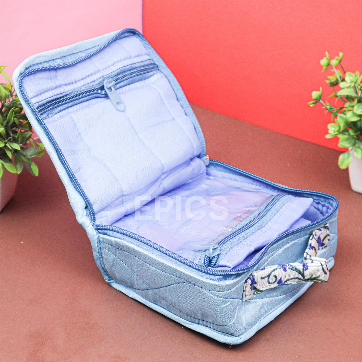 Epics Embroidery Flower Pattern Travel Jewellery Organiser pouch with zipper for women girls bridal for travelling Makeup Cosmet