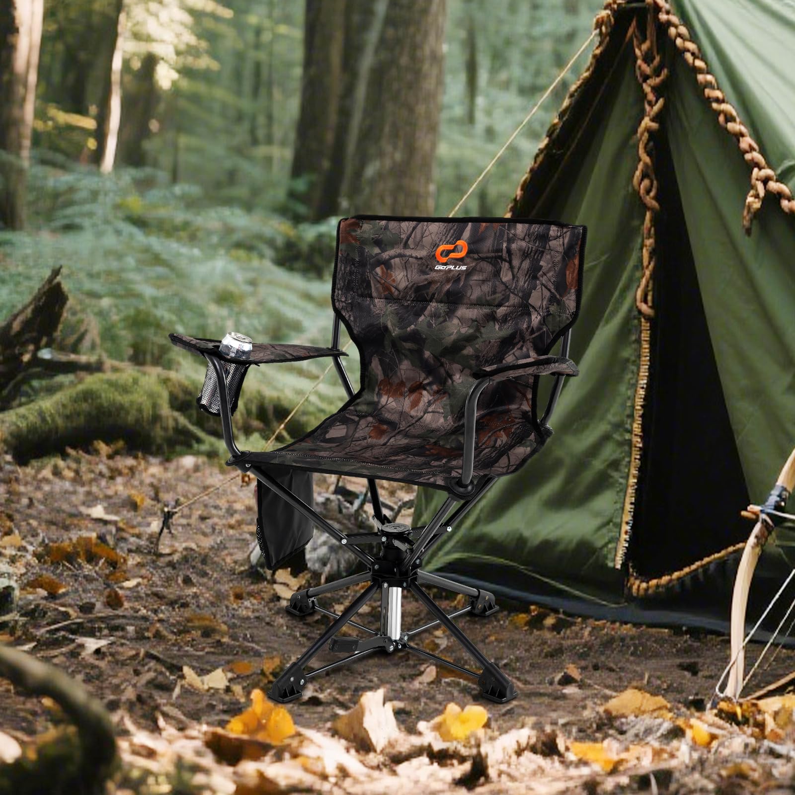 Goplus Swivel Camping Chair, 2 Pack Portable Hunting Chair For Adults W/Cup Holder & Carrying Bag, Folding 360-Degree Free Rotat
