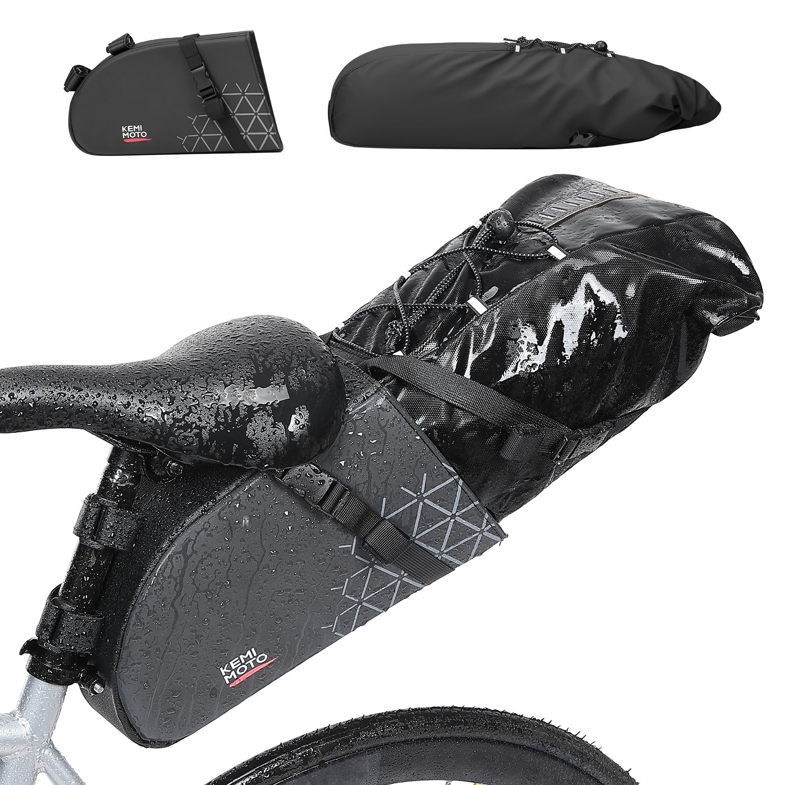 KEMIMOTO Bike Seat Bag Detachable, 11-13L Fully Waterproof Bicycle Saddle Pack with Reflective Panel, Reinforced PP Hardboard Ba