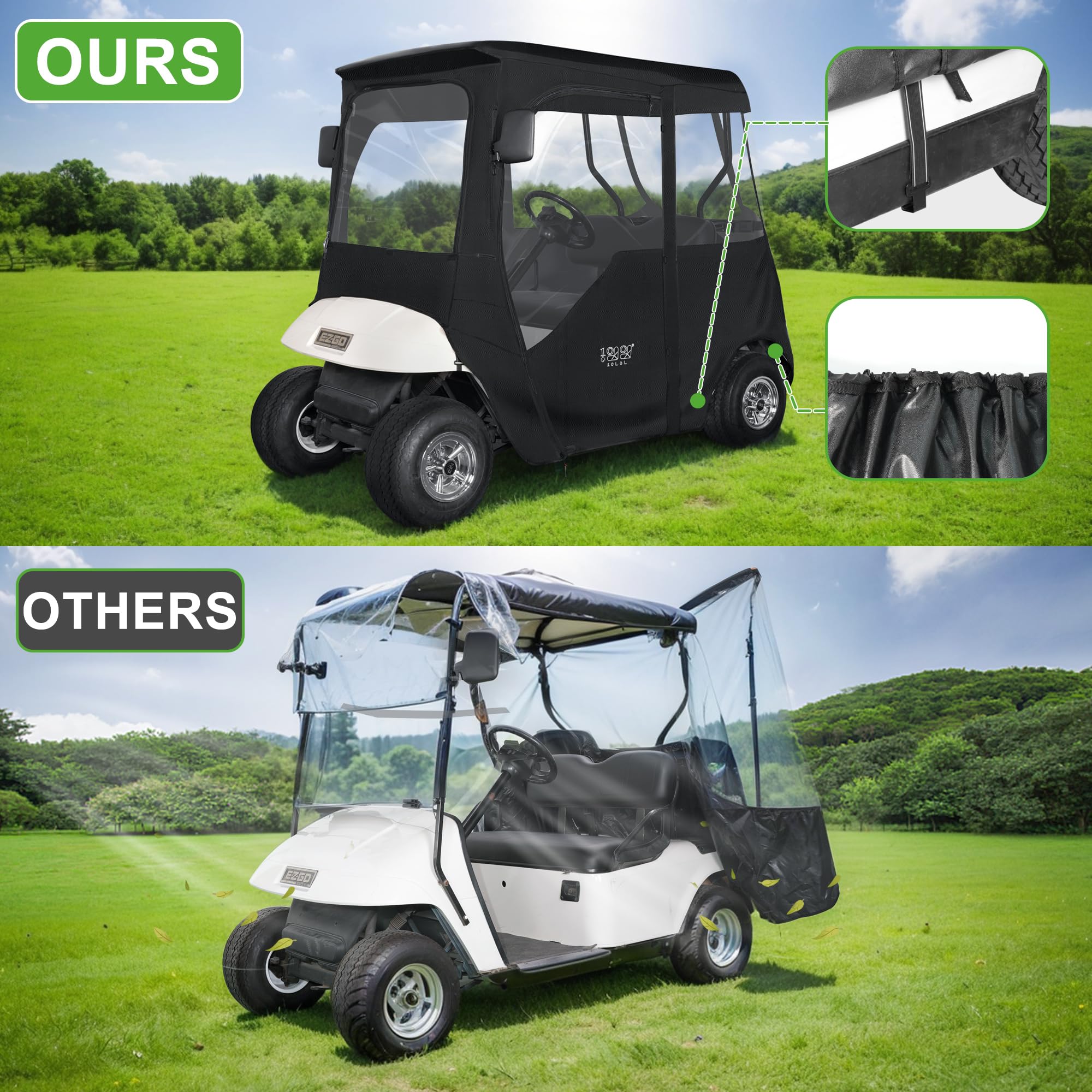 10L0L Golf Cart Enclosure 600D For 2 Passenger Universal Ezgo Txt/Rxv, With 2 Door Zippers, Security Side Mirror Openings, Taill