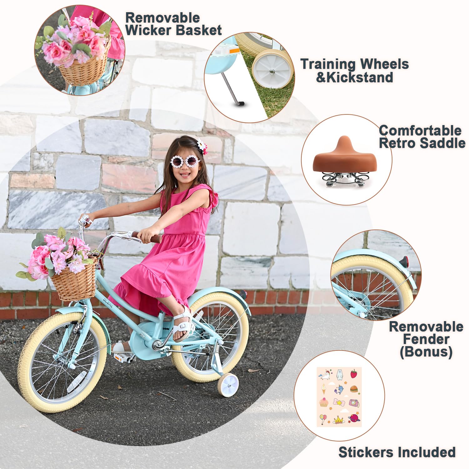 Glerc Little Molly 16 Inch Kids Bike, Retro Cruiser Girls Bike for Children Ages 4-7 Years Old, Kids Bicycle with Wicker Basket