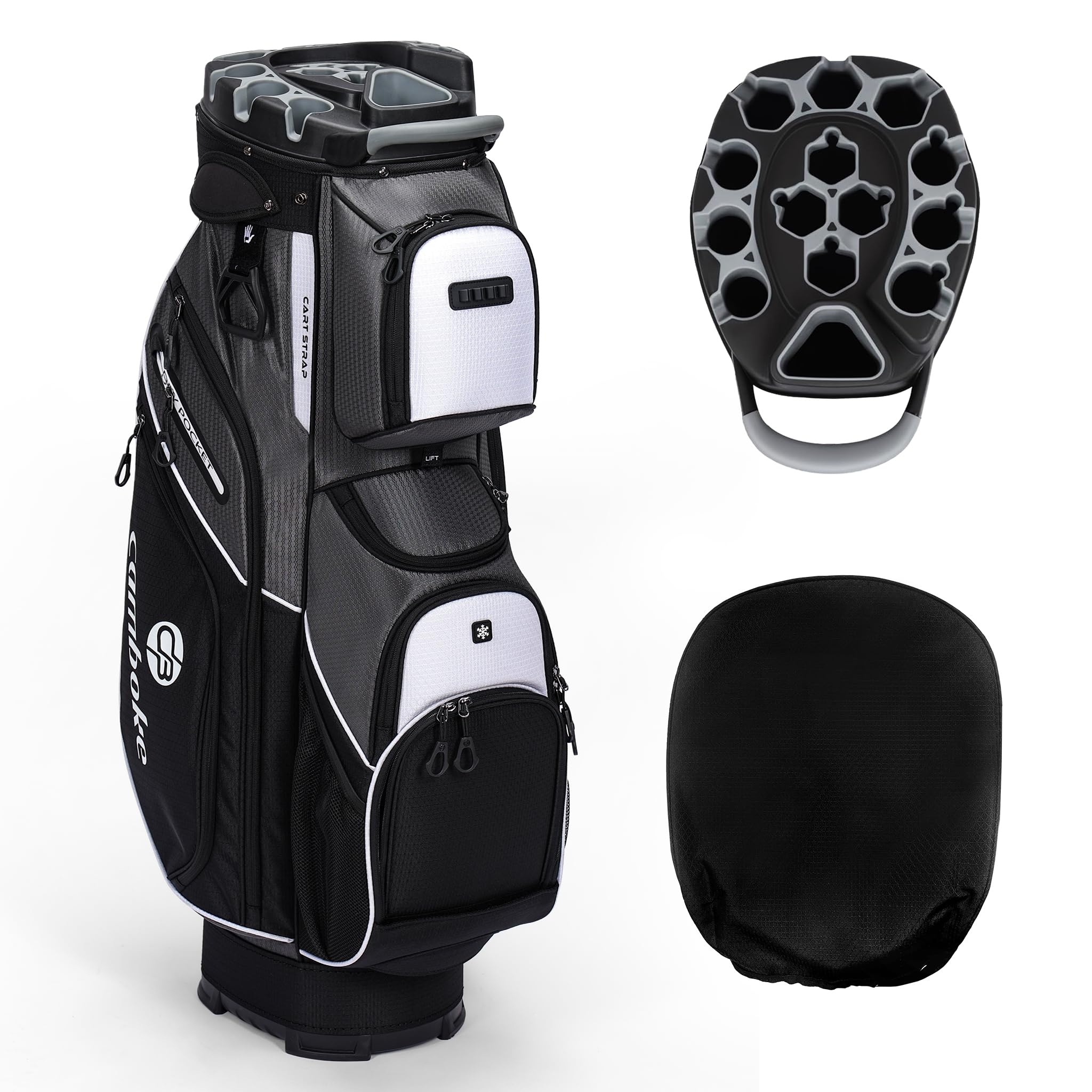 Camboke T-Lock Golf Cart Bag, Molded Lock Top Golf Bag with 14-Way Full-Length Dividers, 10 Pockets, Cooler Pocket, Silent Cart 