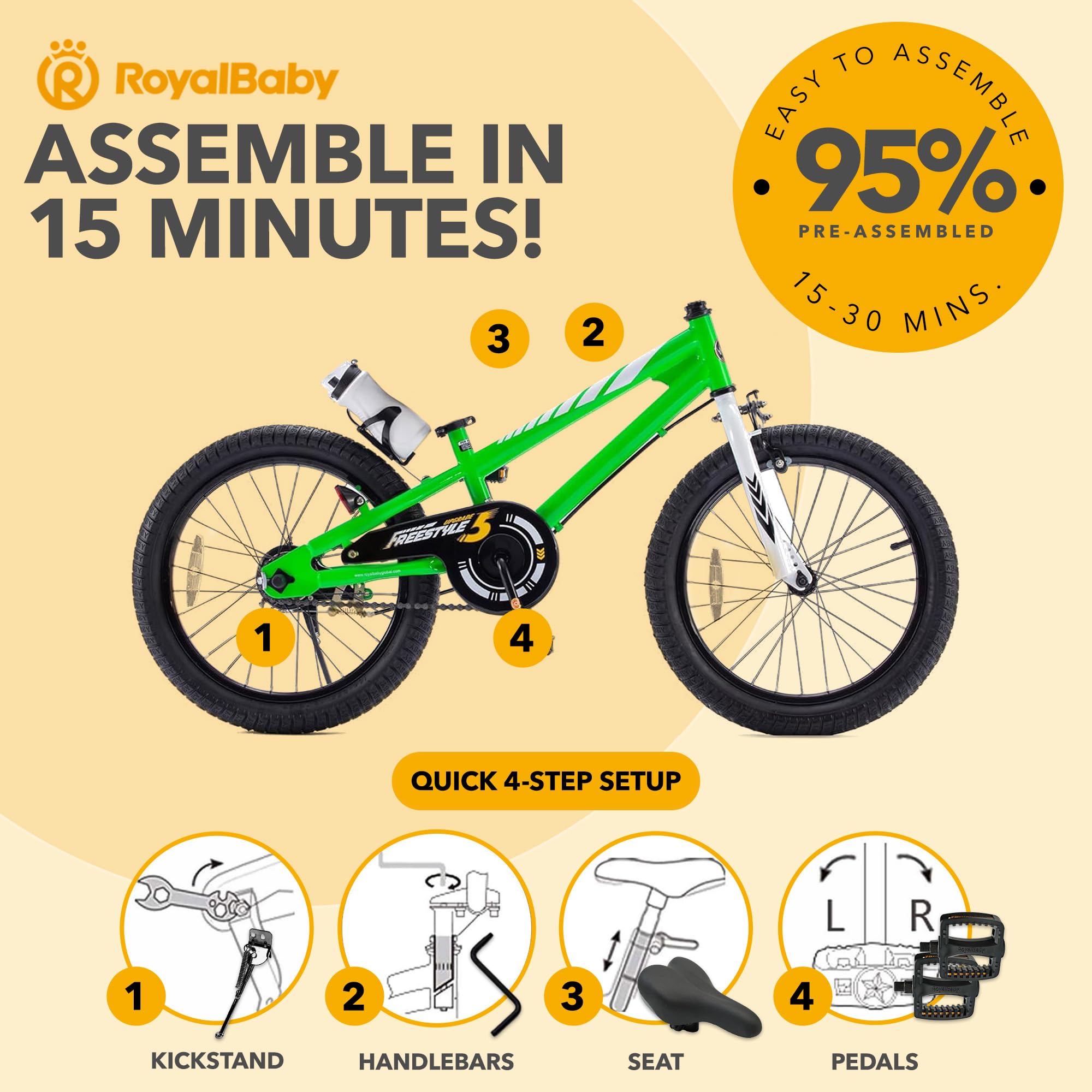 Royalbaby Freestyle Outdoor Childrens Bicycle Dual Handbrakes Sporty Kid Bike with Kickstand and Adjustable Seat, 18 Inch, Gree