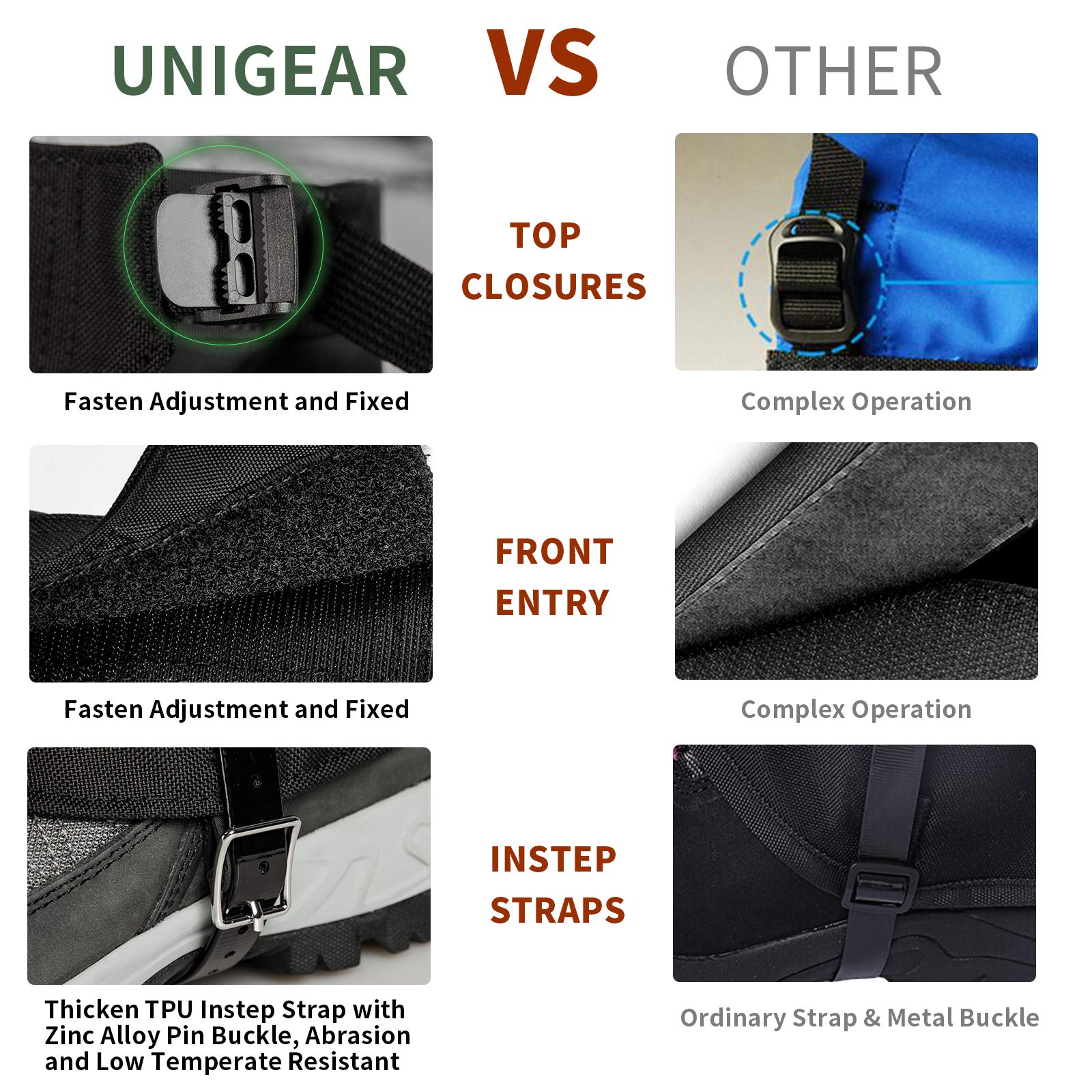 Unigear Snow Leg Gaiters, Waterproof Boot Gaiters For Hiking Walking Climbing Hunting Skiing 1000D Fabric (Large)