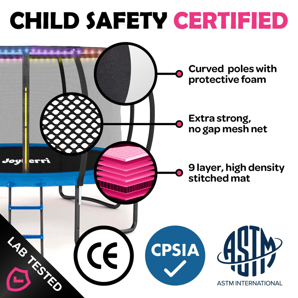 Trampoline for Kids and Adults -12Ft Trampoline with Net - with Bonus Sprinkler and LED Lights/ASTM Certified/Extra Sturdy Recre