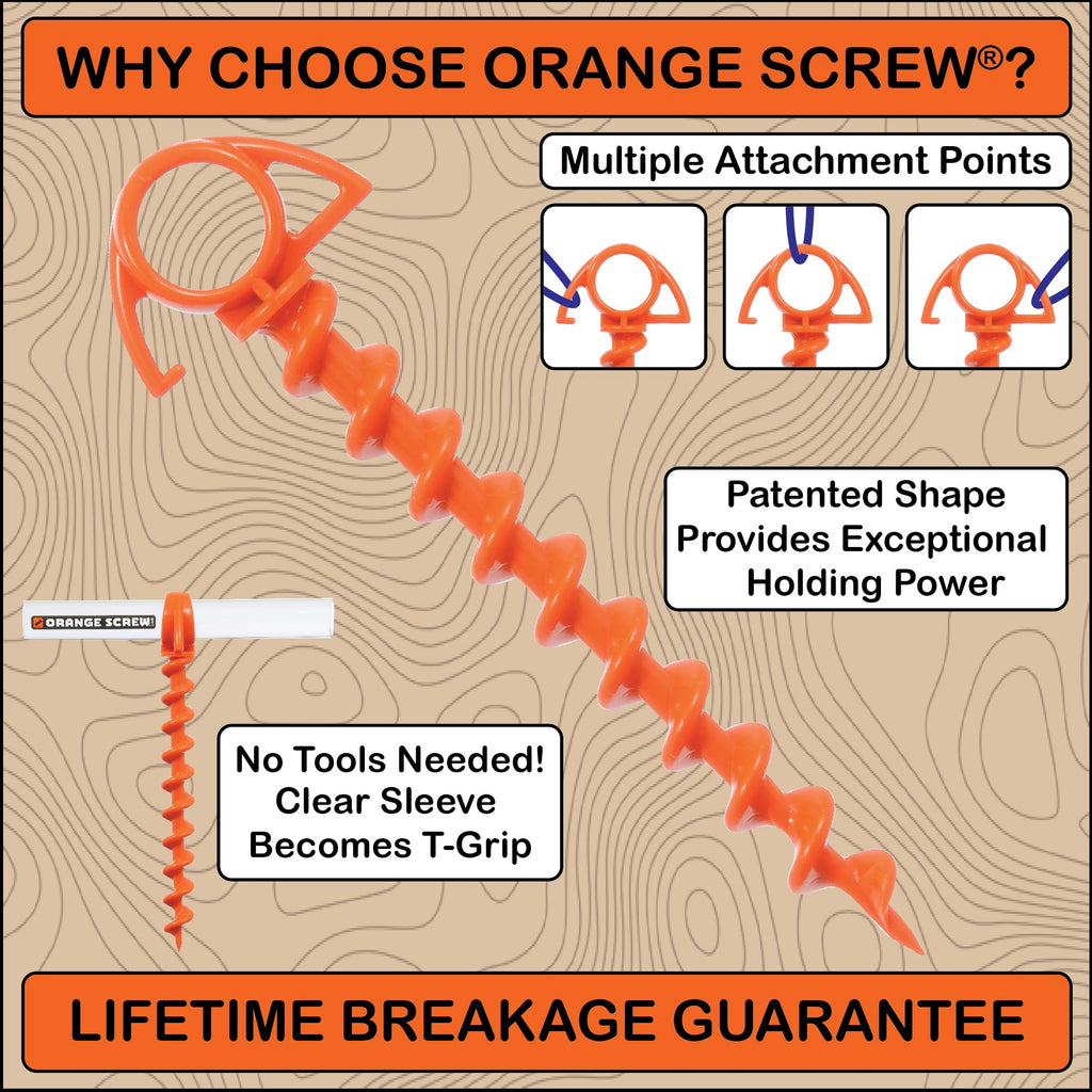 Orange Screw: The Ultimate Ground Anchor  Small 4 Pack Tent Stakes  Made In Usa (Orange)