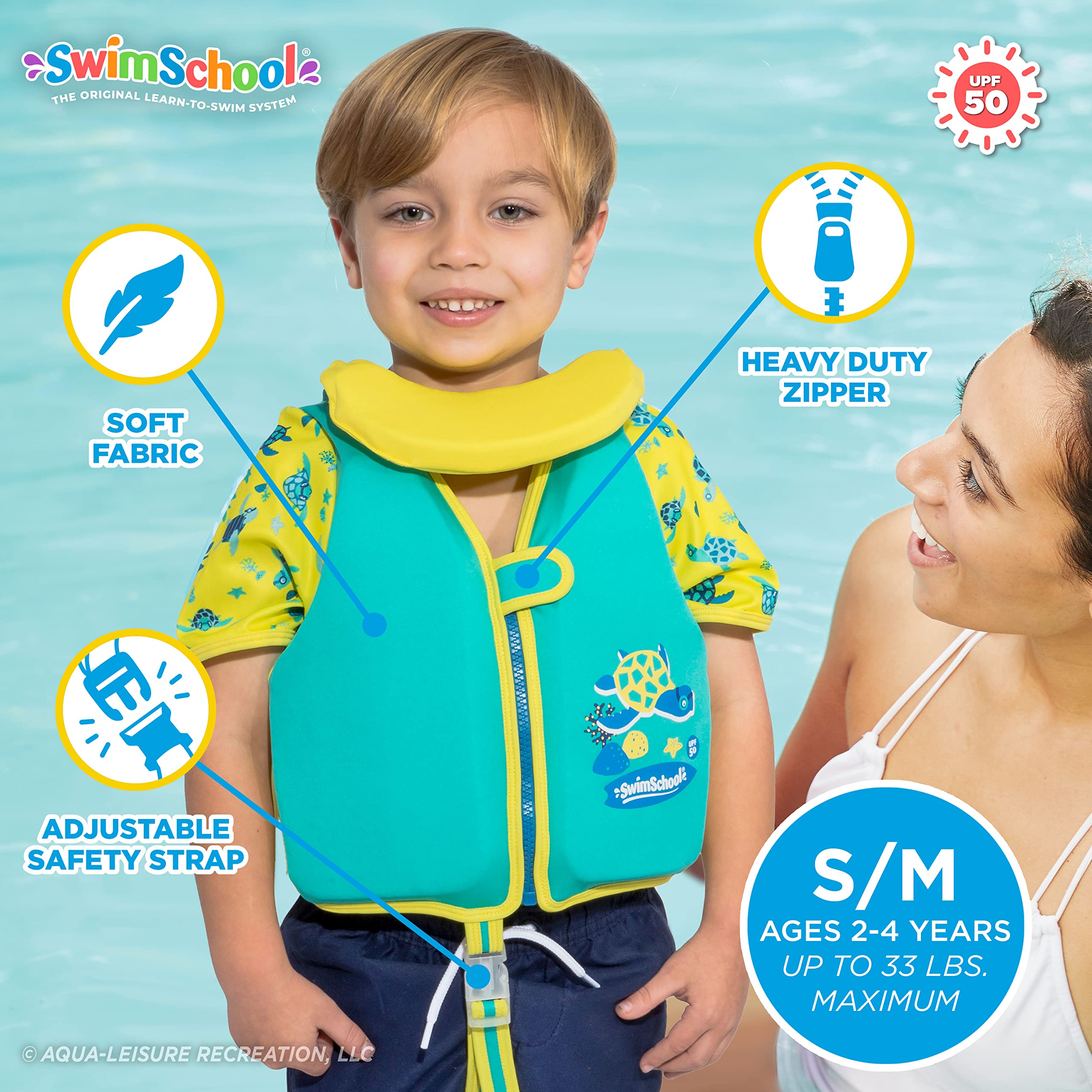 Swimschool Swim Trainer Vest - Easy On & Off Kids Swimming Vest - Sizes: Small/Medium Up To 33 Lbs. & Medium/Large Up To 50 Lbs.
