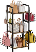 Tuohours 3Tier Purse Organizer Rack, Iron & Wood FloorStanding Bag Storage Holder With Adjustable Side Basket And Hook Handbag