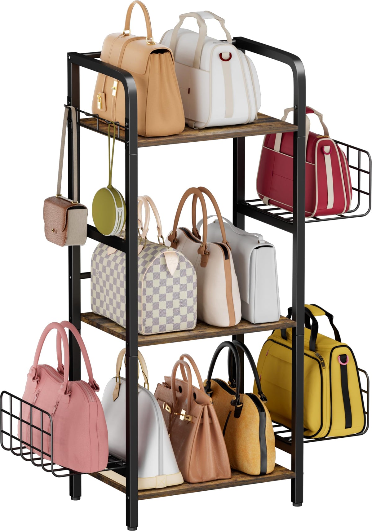 Tuohours 3Tier Purse Organizer Rack, Iron & Wood FloorStanding Bag Storage Holder With Adjustable Side Basket And Hook Handbag