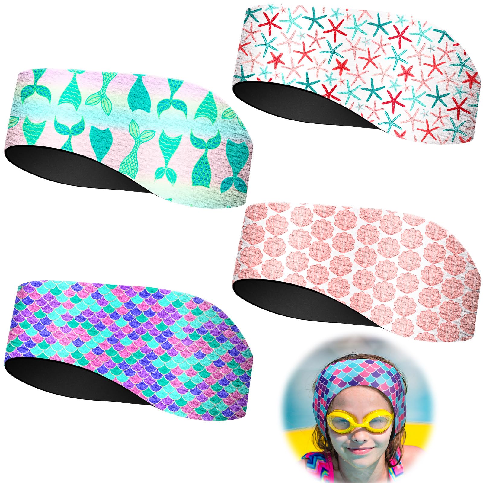 4 Pieces Kids Swimming Headband Adjustable Toddler Swimmer's Headband Waterproof Water Ears Band 24 Inch Mermaid Tail Shell Star