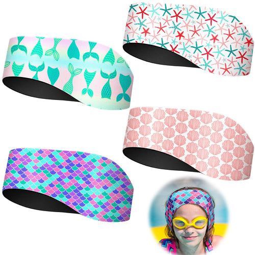 4 Pieces Kids Swimming Headband Adjustable Toddler Swimmer's Headband Waterproof Water Ears Band 24 Inch Mermaid Tail Shell Star