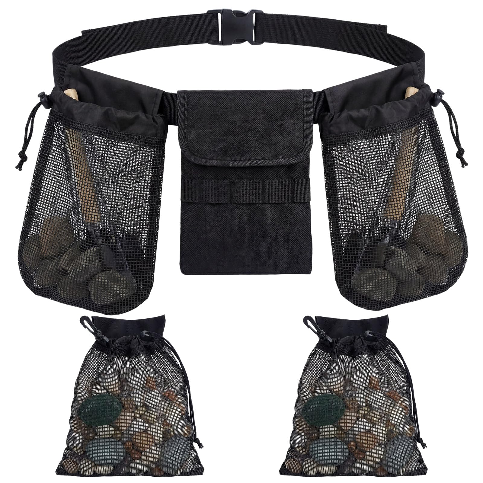 Shinylin Outdoor Exploration Foraging Belt, Rockhounding Bag with Adjustable Waistband with 4 Mesh Picking Pouch for Collecting 