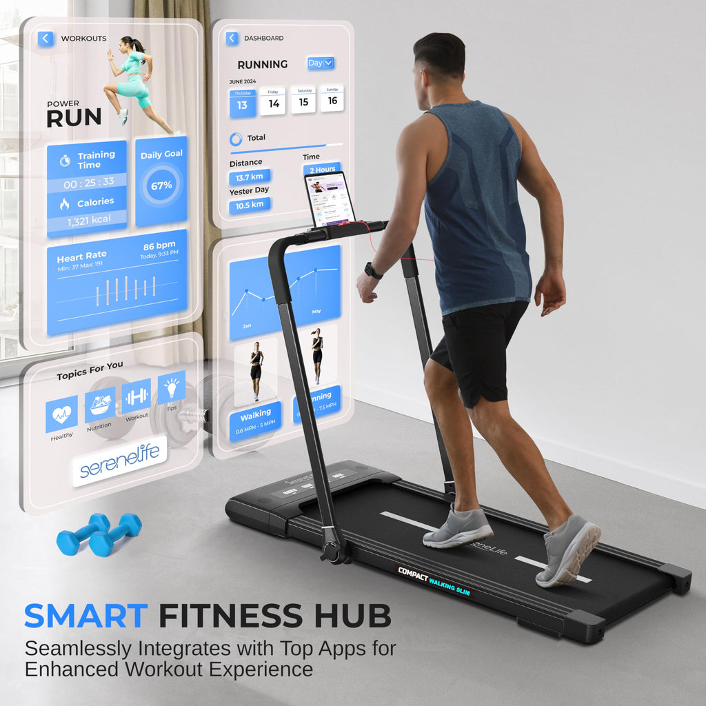 Serenelife Foldable 2 In1 Treadmill & Walking Pad With Remote Control, Speed 7.6 Mph Compact Under Bed, 2.5 Hp, App Support, Eas