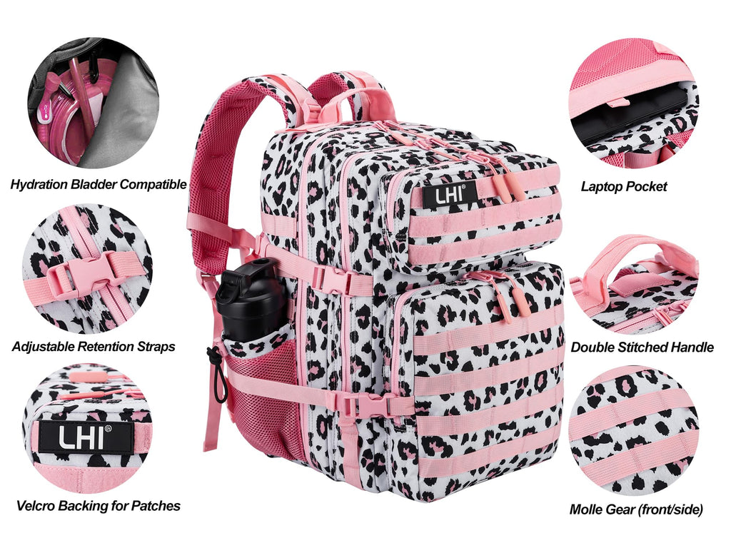 LHI Military Tactical Backpack for Men and Women 45L Army 3 Days Assault Pack Bag Large Rucksack with Molle System - Pink Leopar