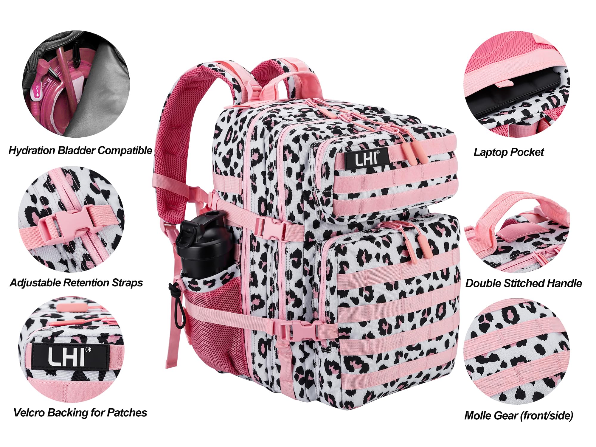LHI Military Tactical Backpack for Men and Women 45L Army 3 Days Assault Pack Bag Large Rucksack with Molle System - Pink Leopar