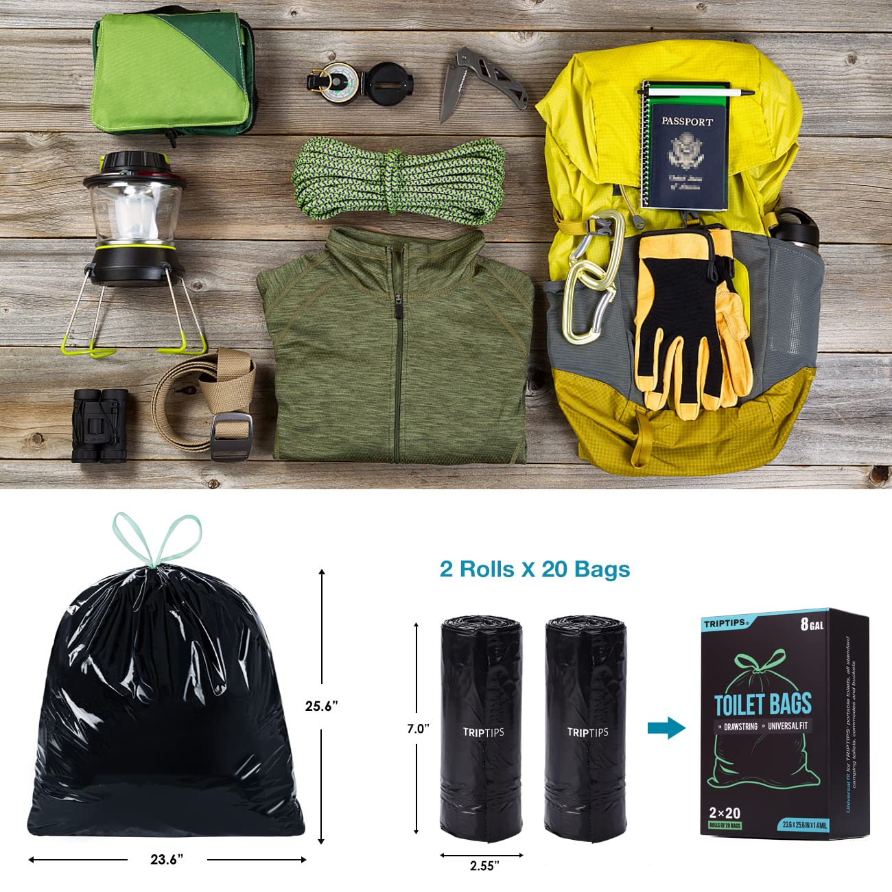 Triptips Portable Toilet Bags 40 Count Drawstring 8 Gallon Camping Toilet Bags Toilet Waste Bags Leak-Proof Toilet Liners, Trash