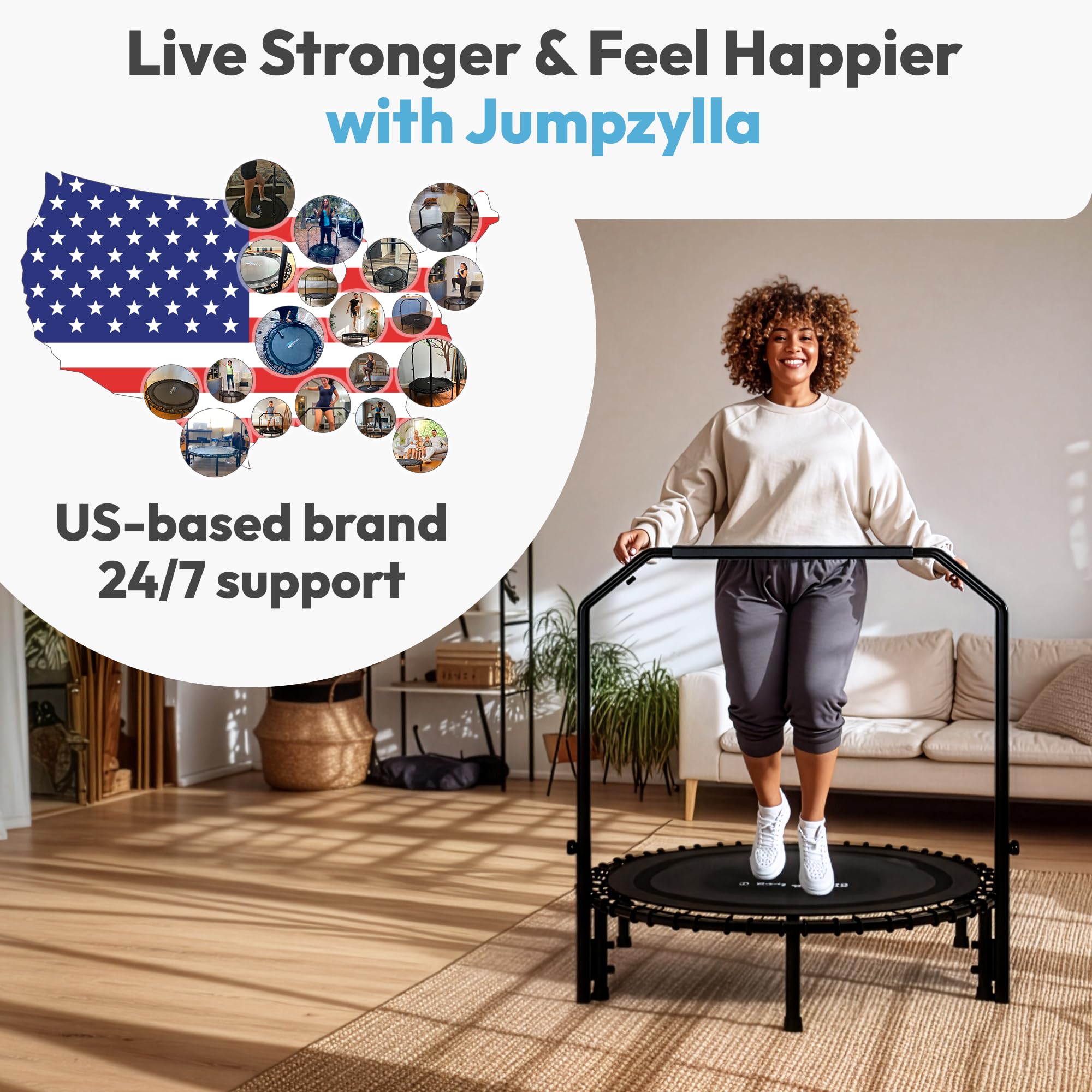 Jumpzylla Fitness Trampoline 40| Foldable Mini Rebounder Trampoline For Adults With Bar | Durable, Quiet, Low-Impact Exercise Eq