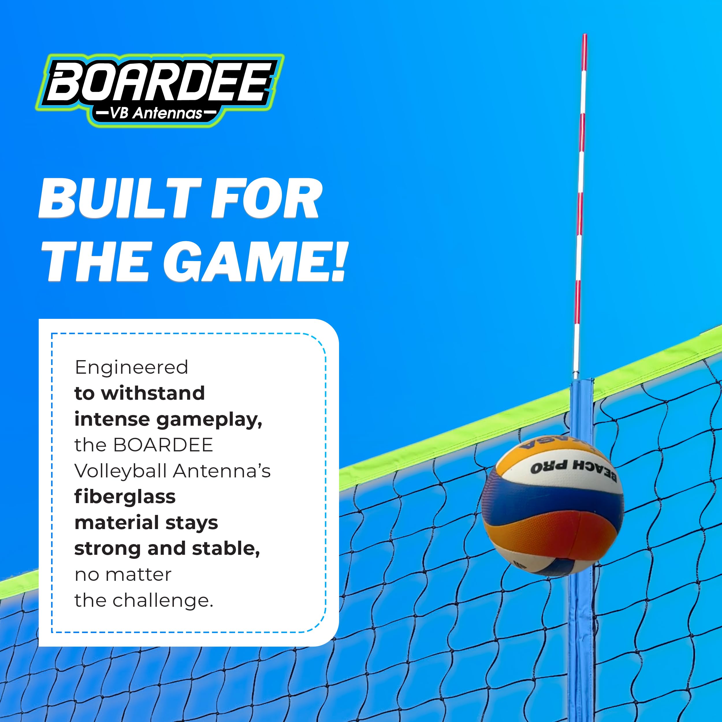 Boardee Foldable Volleyball Antenna Set - Durable Tarpaulin Hook-And-Loop Sleeves With Collapsible Fiberglass Antennas - Indoor