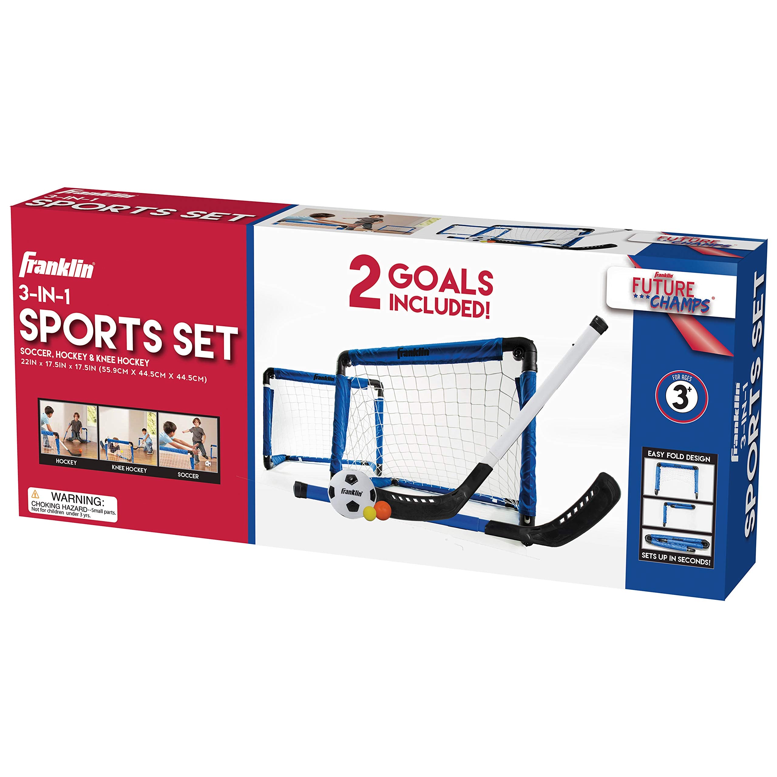 Franklin Sports Indoor Mini Goal Sports Set - 3 In 1 Kids Indoor Goal Set - Indoor Mini Floor Hockey, Knee Hockey, And Mini Socc