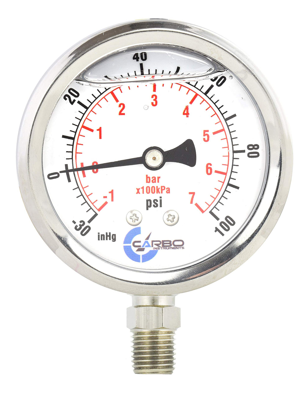 Carbo Instruments Stainless Steel Pressure Gauge Dual Display (-30  0  100 Inhgpsikpa) - 2 1-2 Glycerine Liquid Filled Water Air