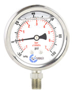Carbo Instruments Stainless Steel Pressure Gauge Dual Display (-30  0  100 Inhgpsikpa) - 2 1-2 Glycerine Liquid Filled Water Air