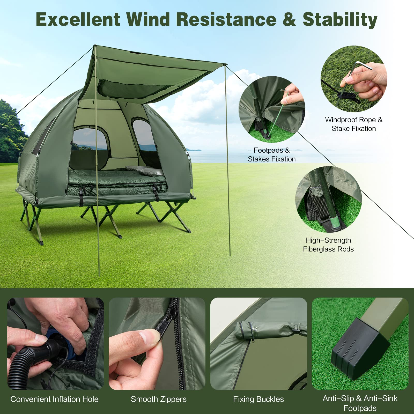Dortala 2-Person Tent Cot, Foldable Camping Tent W/Air Mattress & Sleeping Bag, Elevated Camping Tent W/Waterproof & Uv-Resistan