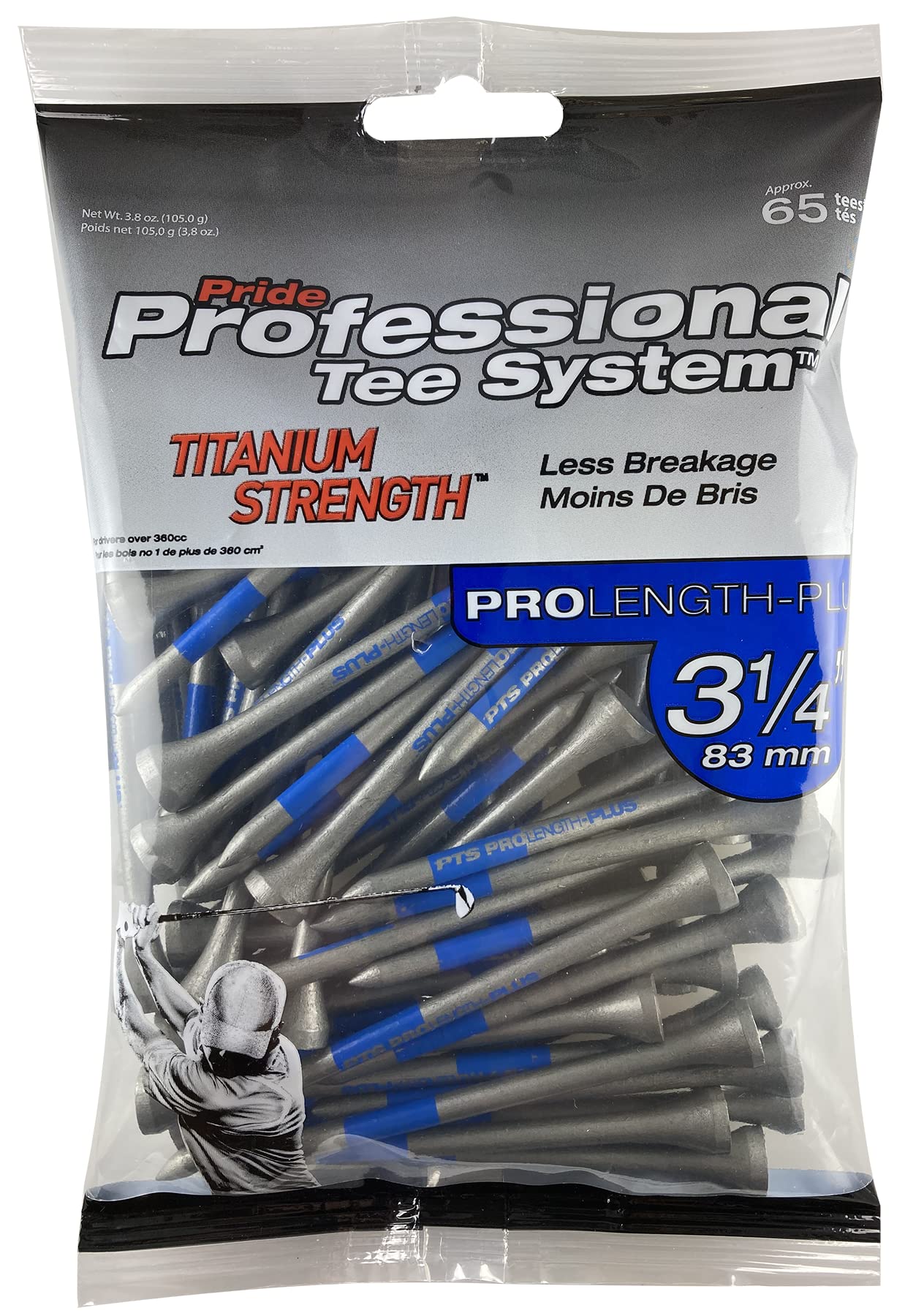 Pride Professional Tee System 3-1/4-Inch Titanium Strength Wood Golf Tees, 65 Ct Silver