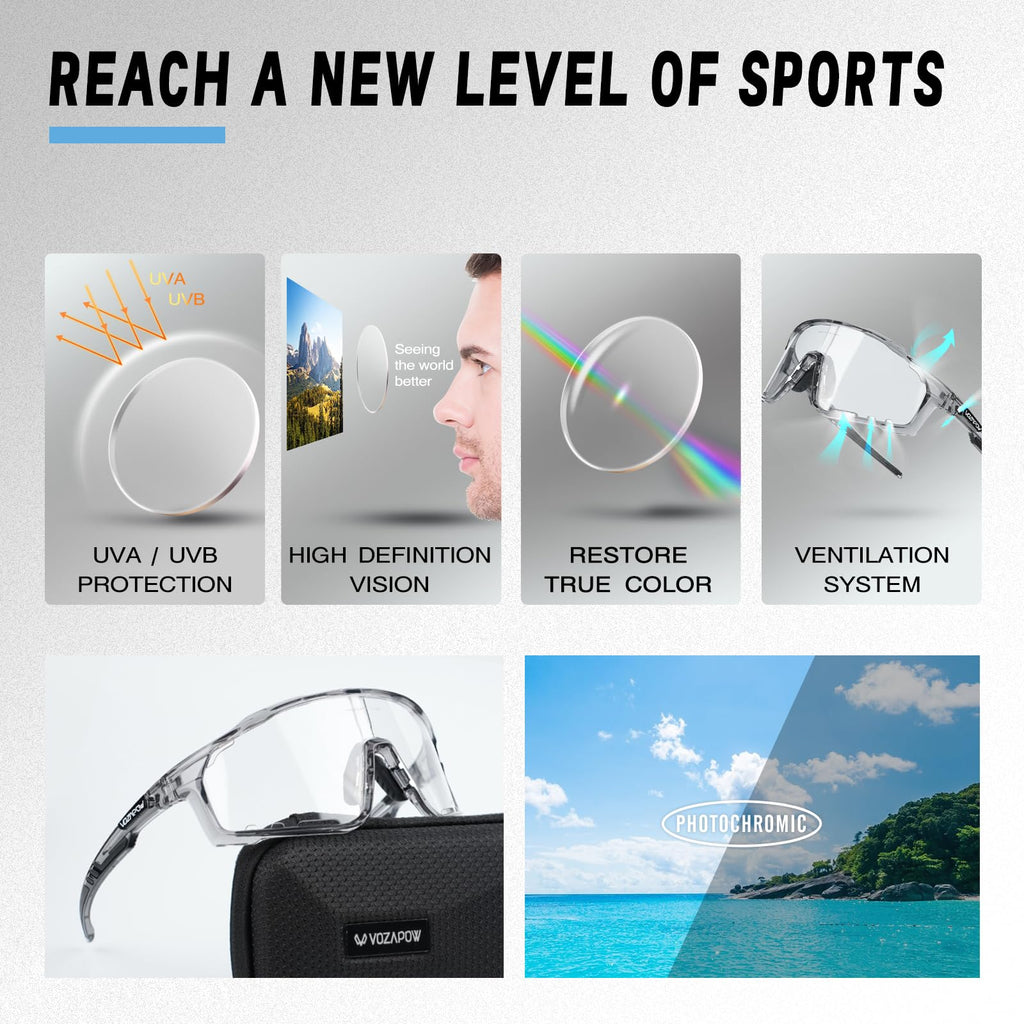 Vozapow Photochromic Cycling Glasses For Men Women, Uv Protection Tr90 Frame Sports Sunglasses For Mtb, Riding, Running, Fishing