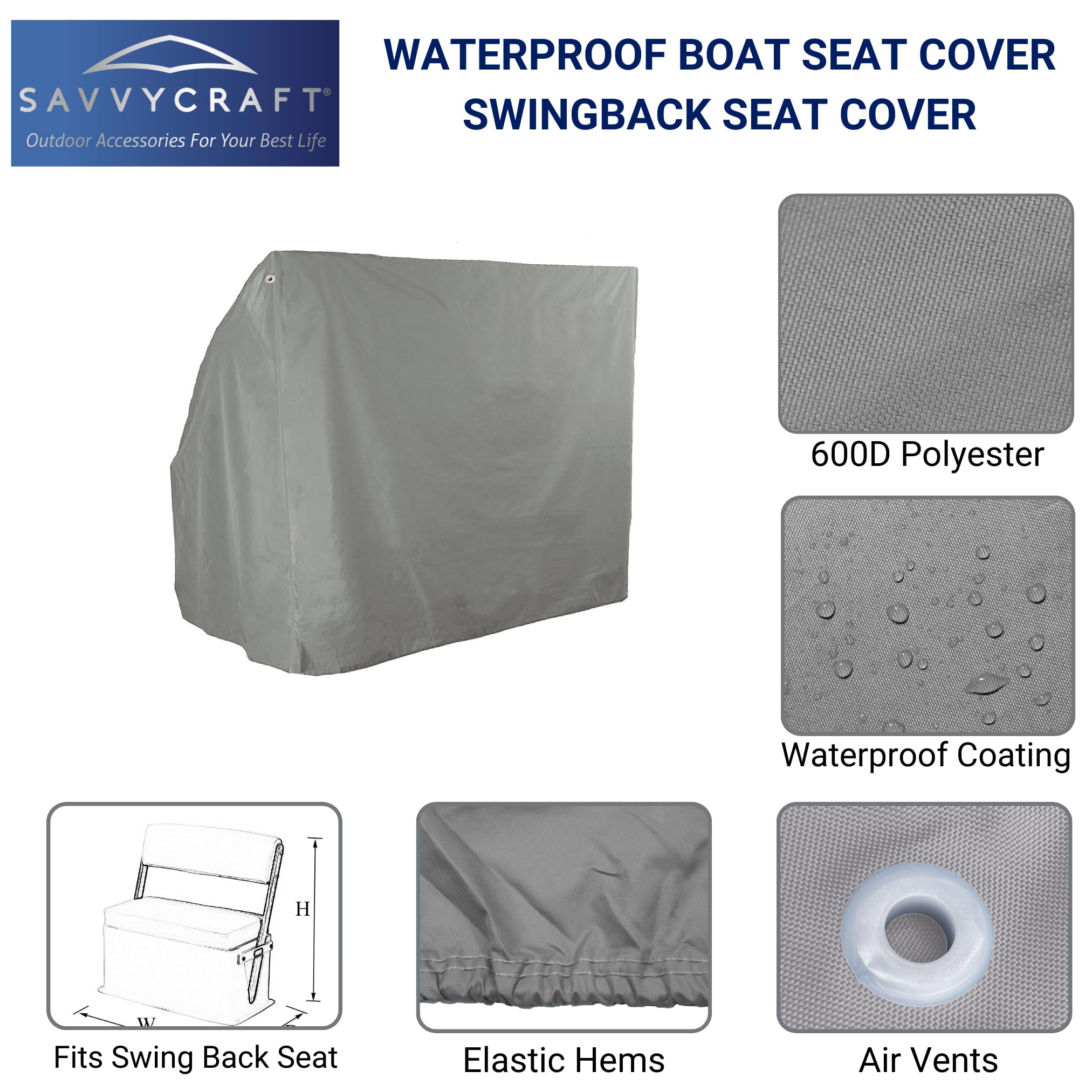 Savvycraft Waterproof Boat Swing Back Seat Cover, Leaning Post, Swingback Cooler Boat Seat Cover 20'' Dx 36'' W X 36'' H Gray