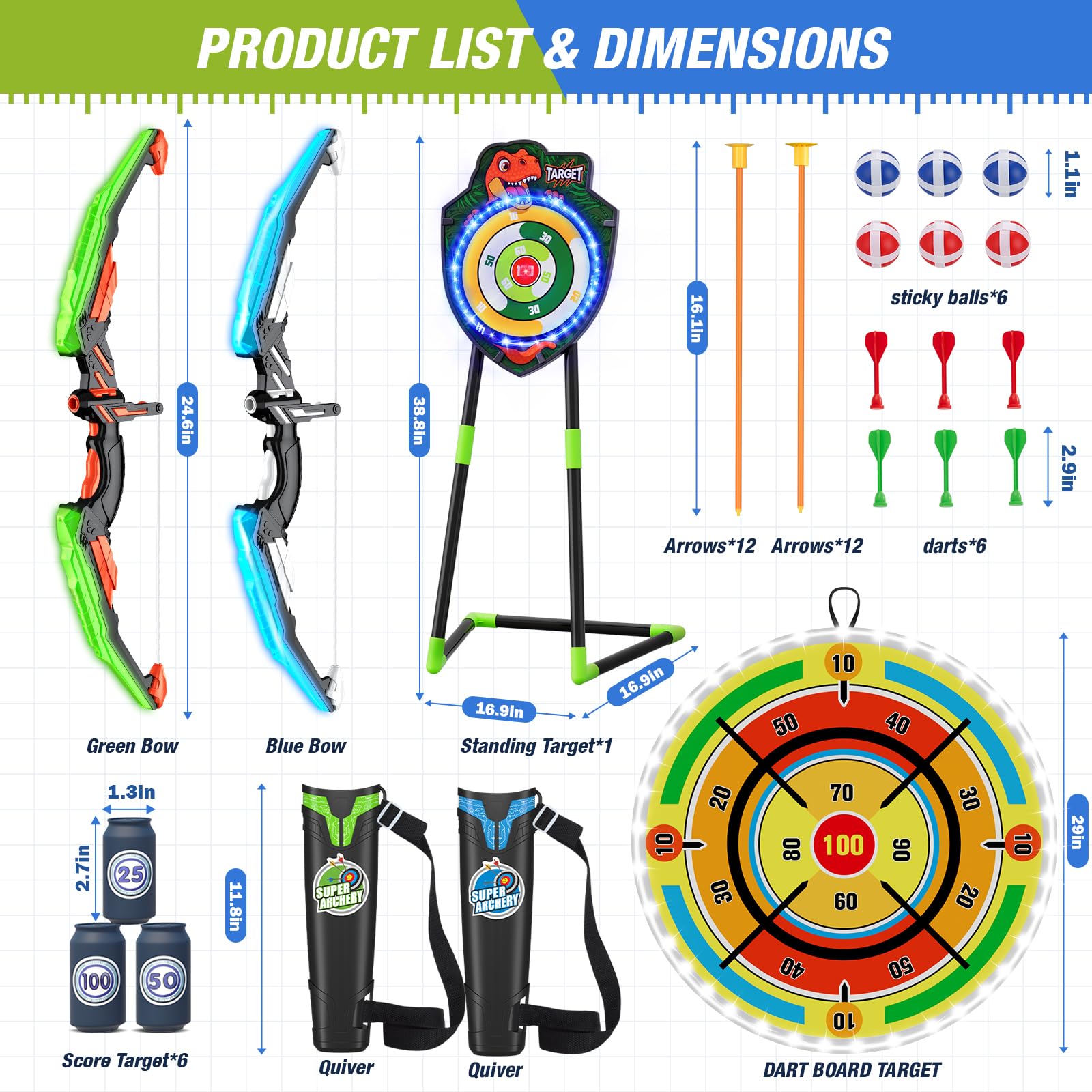 HYES 2 Pack Kids Bow and Arrow with 29 Large Dart Board, LED Light Up Archery Set with 24 Suction Cup Arrows, Indoor Outdoor Spo