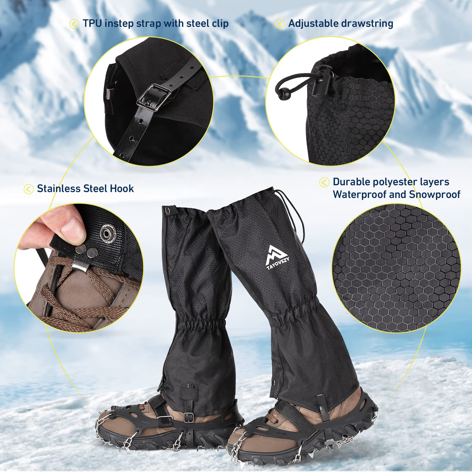 Gaiters For Women And Men Waterproof And Breathable, Adjustable Lightweight Gaiters For Hunting, Mountaineering, Snow Boots (Bla