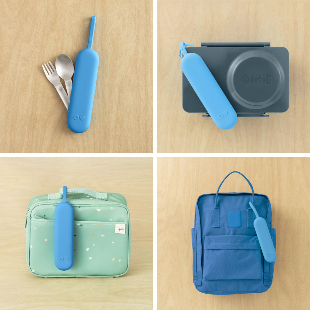 Omie OmieBox Travel Utensil Set | Fork and Spoon with Case for Easy Travel | Stainless Steel Fork and Spoon (Blue)