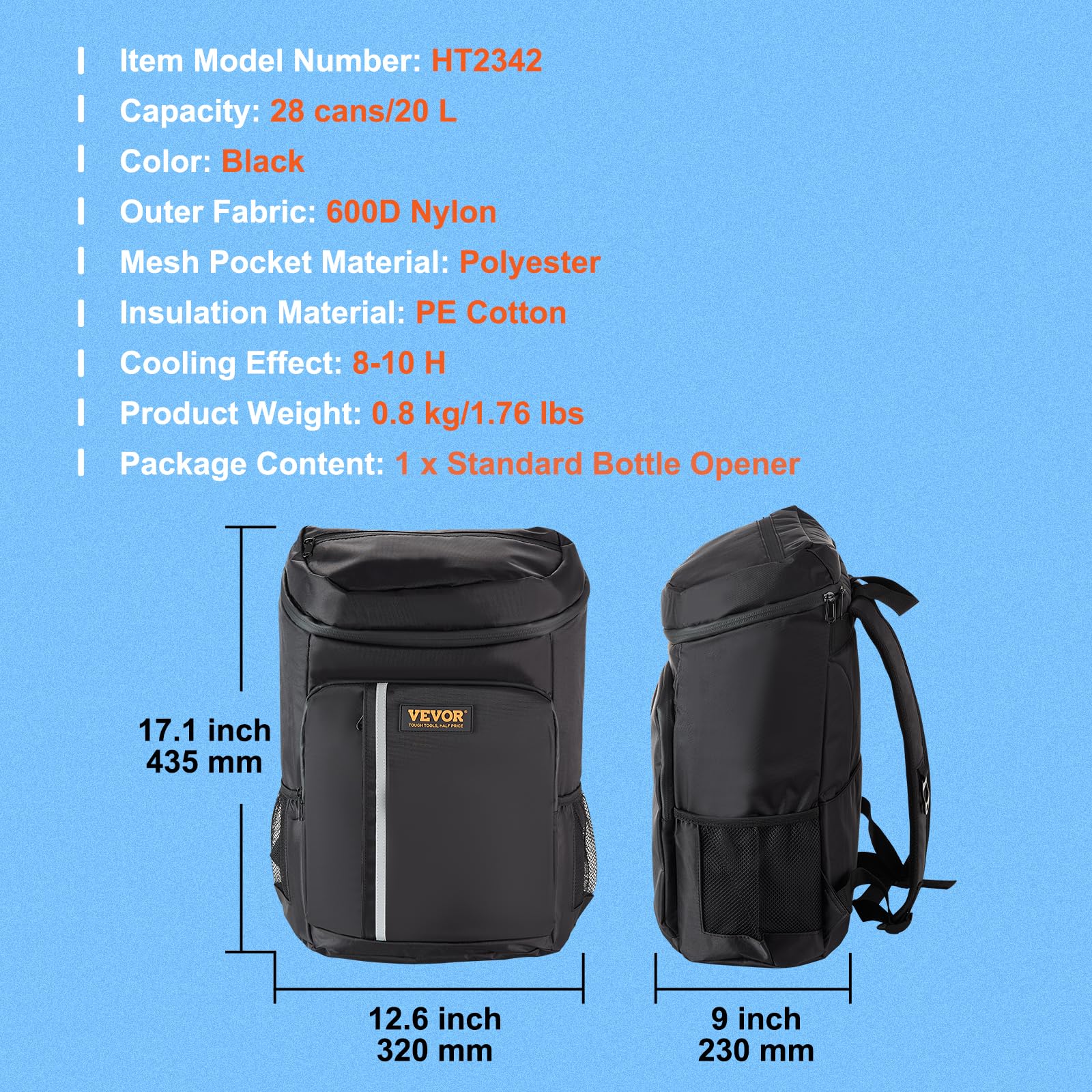 Vevor Cooler Backpack, 20L Capacity, Waterproof And Leakproof, Adjustable Shoulder Straps, Lightweight, Black