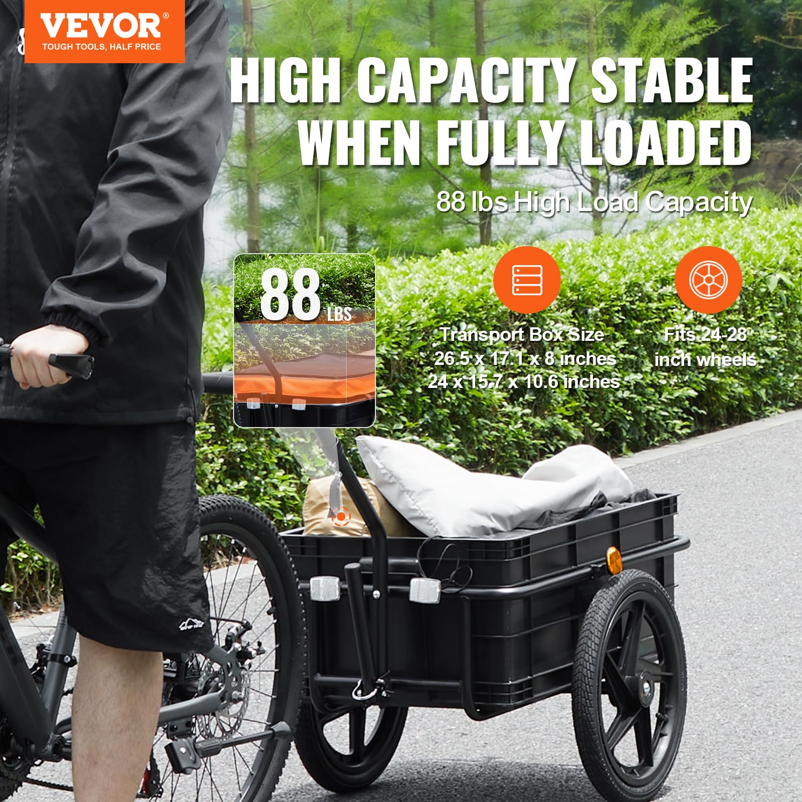 Vevor Bike Cargo Trailer, 88 Lbs Load Capacity, Heavy-Duty Bicycle Wagon Cart, Foldable Compact Storage With Universal Hitch, Wa