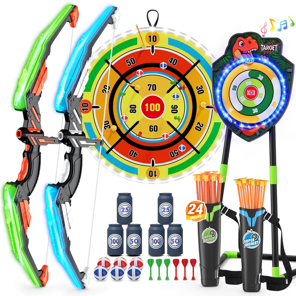 HYES 2 Pack Kids Bow and Arrow with 29 Large Dart Board, LED Light Up Archery Set with 24 Suction Cup Arrows, Indoor Outdoor Spo