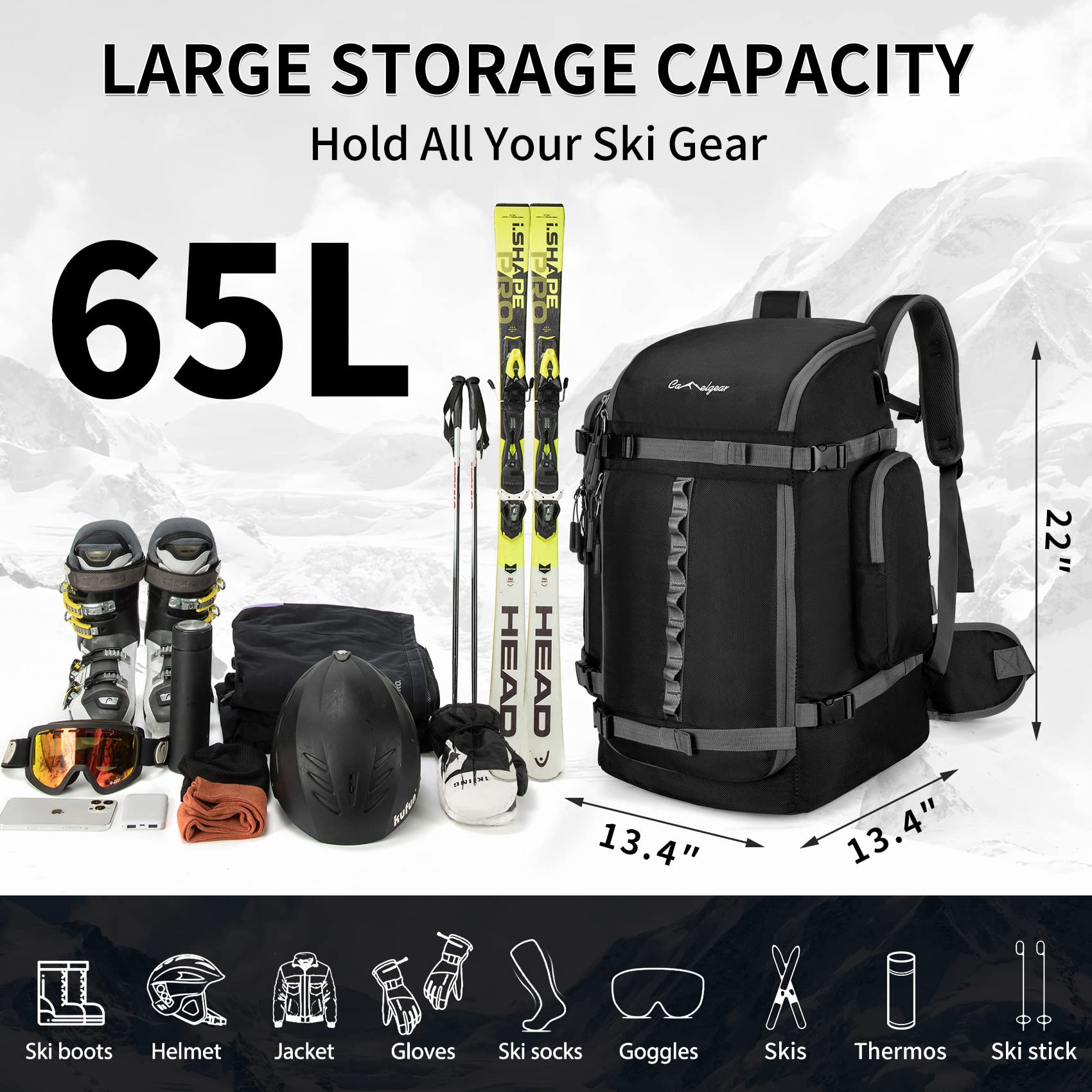 65L Ski Boot Bag,Large Travel Backpack For Women Men, Snowboard Bags,Durable Waterproof 1680D Nylon Padded Ski Boot Backpack For