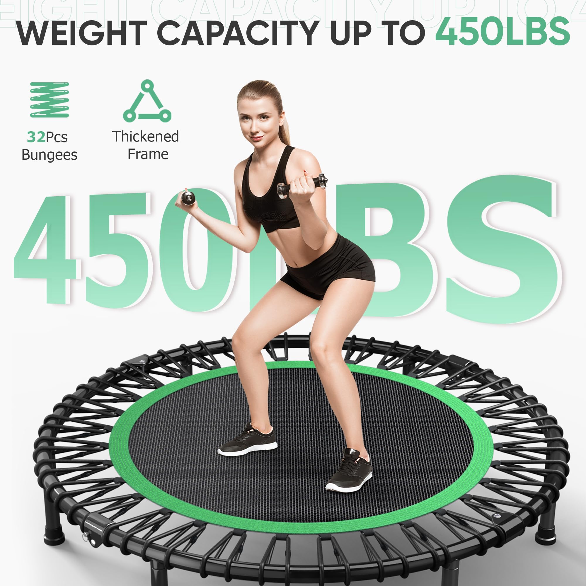 Hyd-Parts 40 Foldable Fitness Trampoline For Adults With 32 Bungee Cords 450Lbs, Portable Exercise Mini Trampoline, Small Reboun