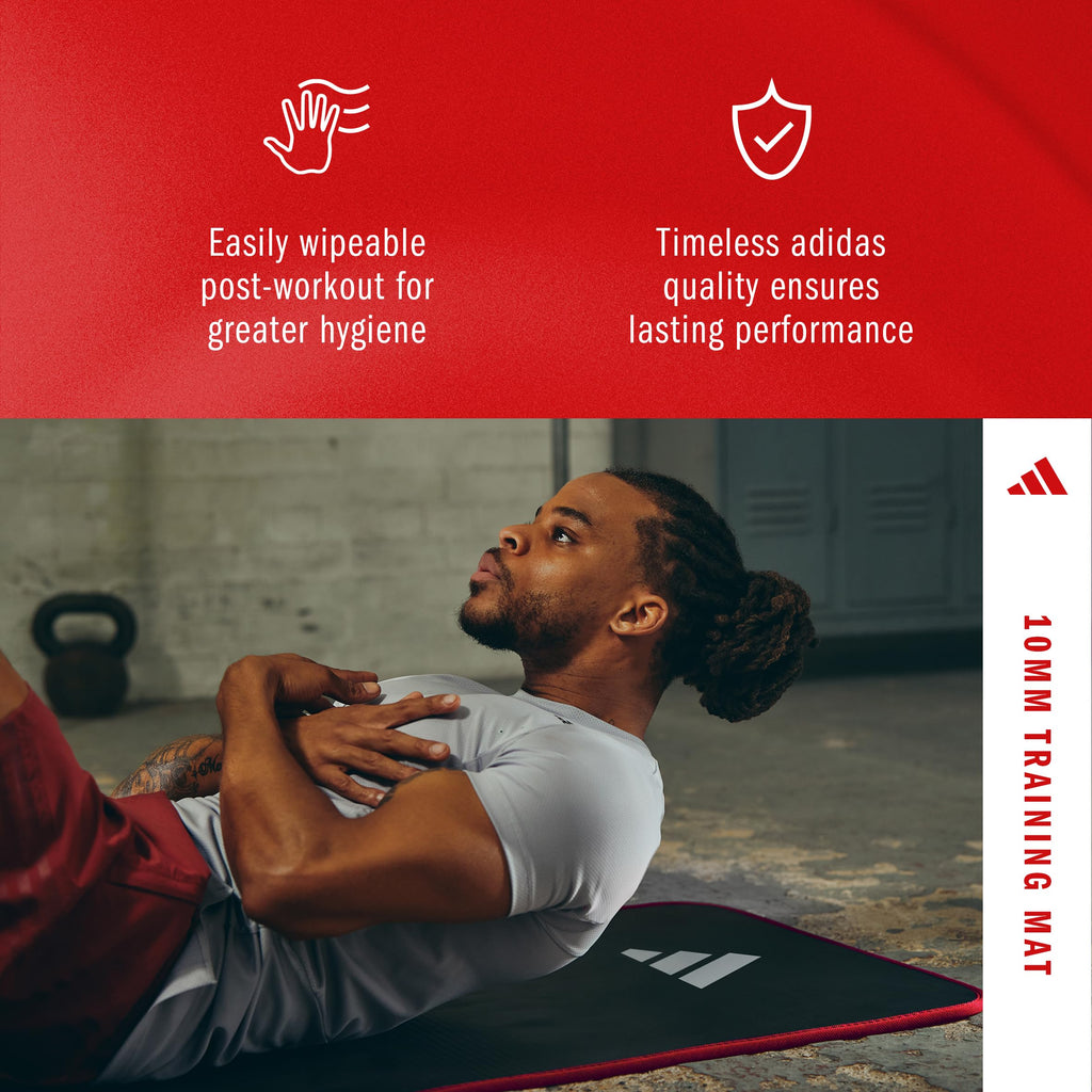Adidas 10mm Extra Thick Training Mat with Carrying Strap and Non-Slip Textured Base - Cushioned Workout Mat for Home Gym, Floor