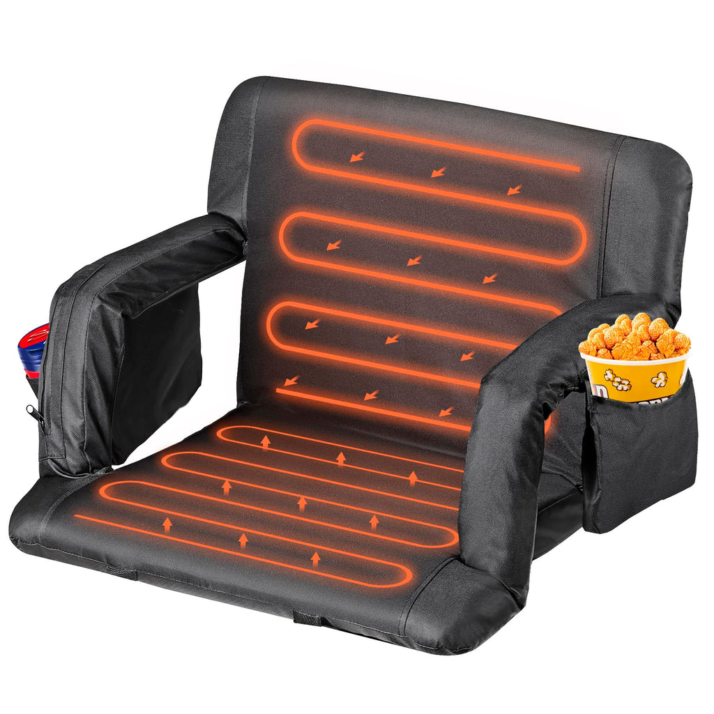 Lemy Heated Stadium Seat For Bleachers With Back Support,25 Wide 6-Position Reclining Padded Cushion,Black Portable Folding Chai