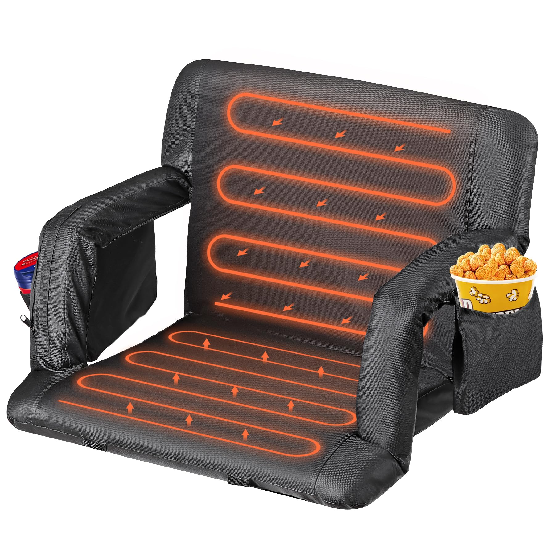 Lemy Heated Stadium Seat For Bleachers With Back Support,25 Wide 6-Position Reclining Padded Cushion,Black Portable Folding Chai