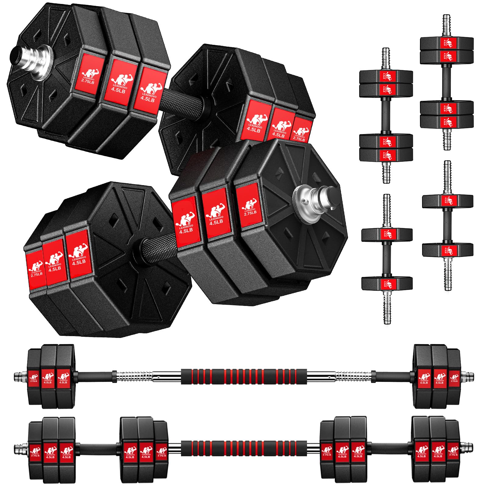 Leadnovo Dumbbells , 44Lbs 66Lbs 88Lbs 3 In 1 Adjustable Barbell, Home Fitness Weight Set Gym Workout Exercise Training With Con