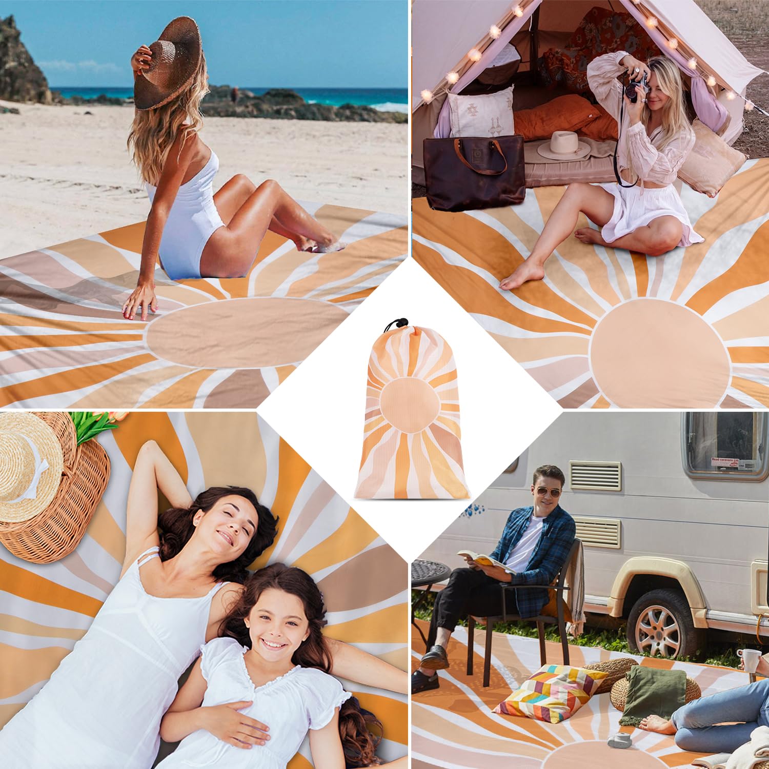 Waterproof Sandproof Beach Blanket, 9 Ft X 10 Ft Extra Large Beach Mat For 8 Adults, Lightweight Polyester Outdoor Picnic Blanke
