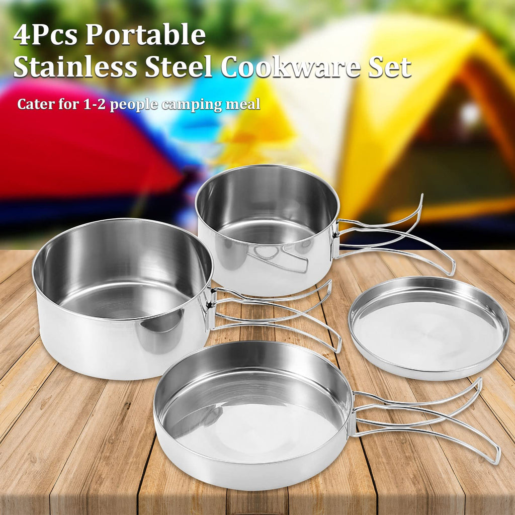 Camping Pots Pans, 4Pcs Portable Foldable Stainless Steel Combination Pot Cookware Set Camping Kitchenware Picnic Outdoor Pan Po